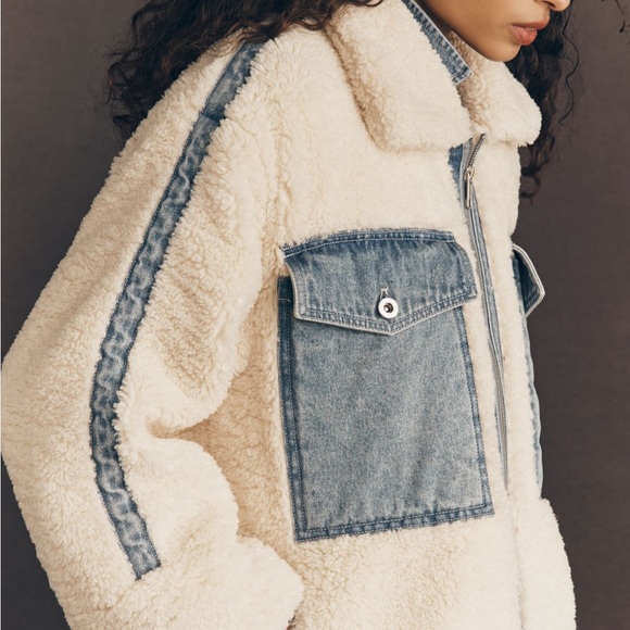Anthropologie Cream Sherpa Jacket with Denim Panels - Women - Picture 3 of 4